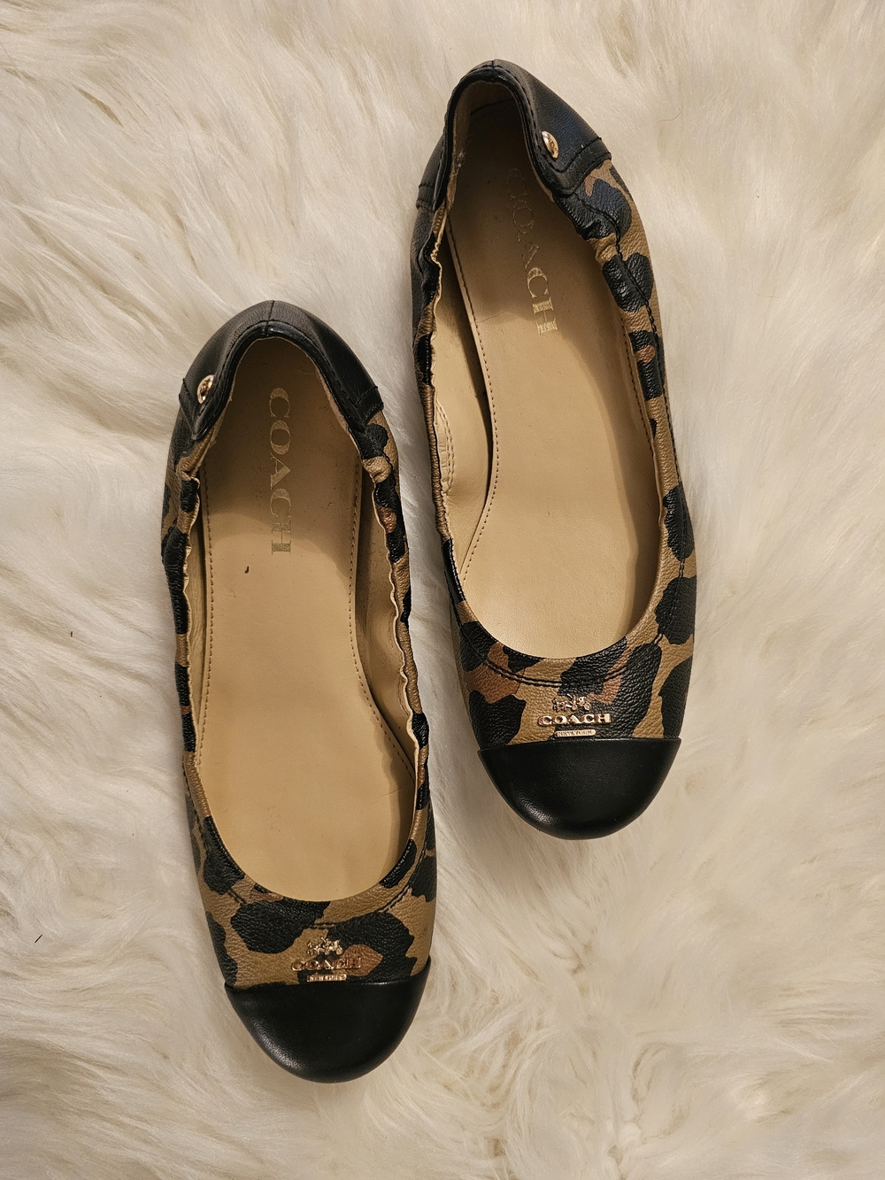 COACH Chelsea Women's Leopard Print Leather Cap Toe Ballet Flats - Brown/Black